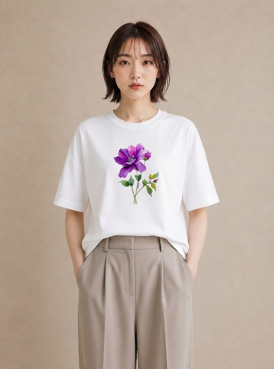 Tシャツ レディース パンジー 花 花柄 イラスト きれいめカジュアル 休日 ペアコーデ 白T YMAZO