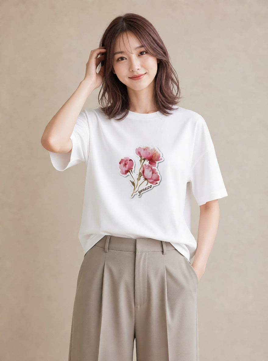 半袖Tシャツ レディース パンジー 花 花柄 イラスト 休日コーデ ビーチ デイリーウェア 白T