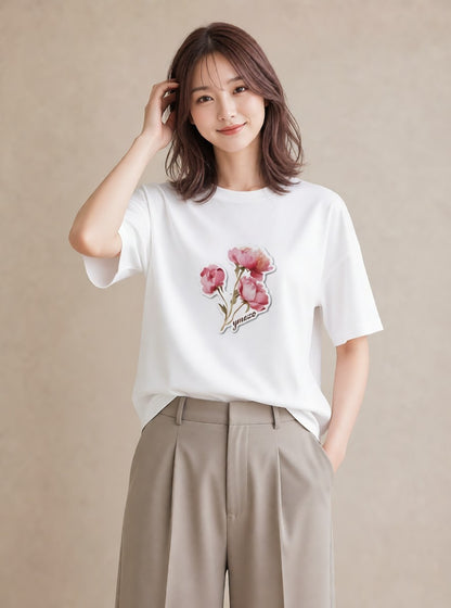 半袖Tシャツ レディース パンジー 花 花柄 イラスト 休日コーデ ビーチ デイリーウェア 白T
