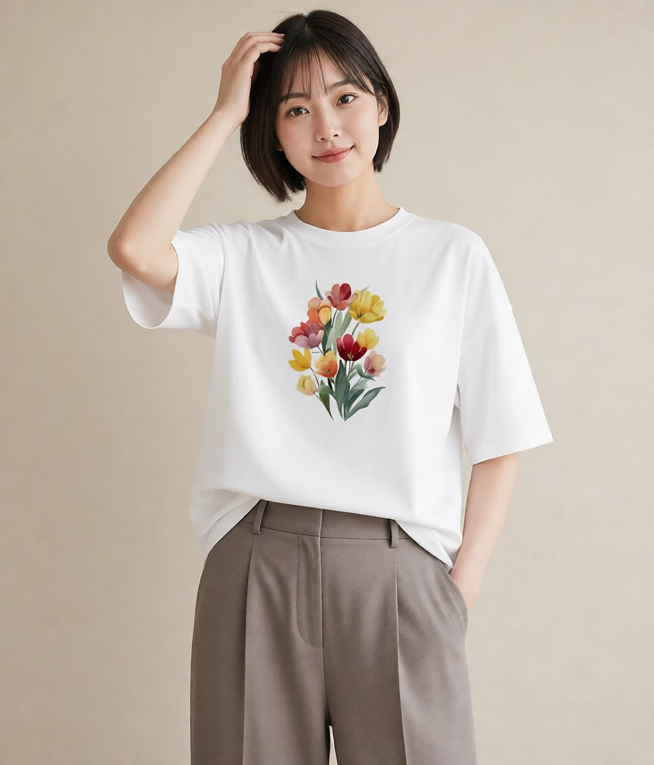 プリントTシャツ レディース チューリップ 花 花柄 イラスト 水彩風 お出かけ 普段着 白T YMAZO