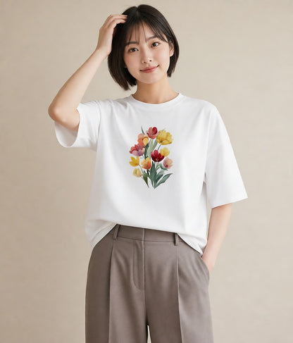 プリントTシャツ レディース チューリップ 花 花柄 イラスト 水彩風 お出かけ 普段着 白T YMAZO