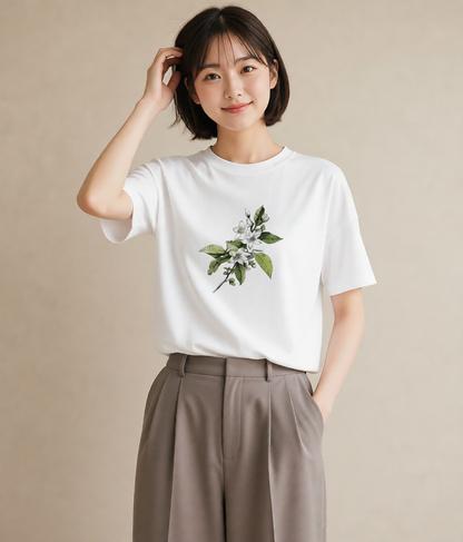 半袖Tシャツ レディース 金木犀 花 花柄 イラスト 手描き風 自分用 ルームウェア 白T