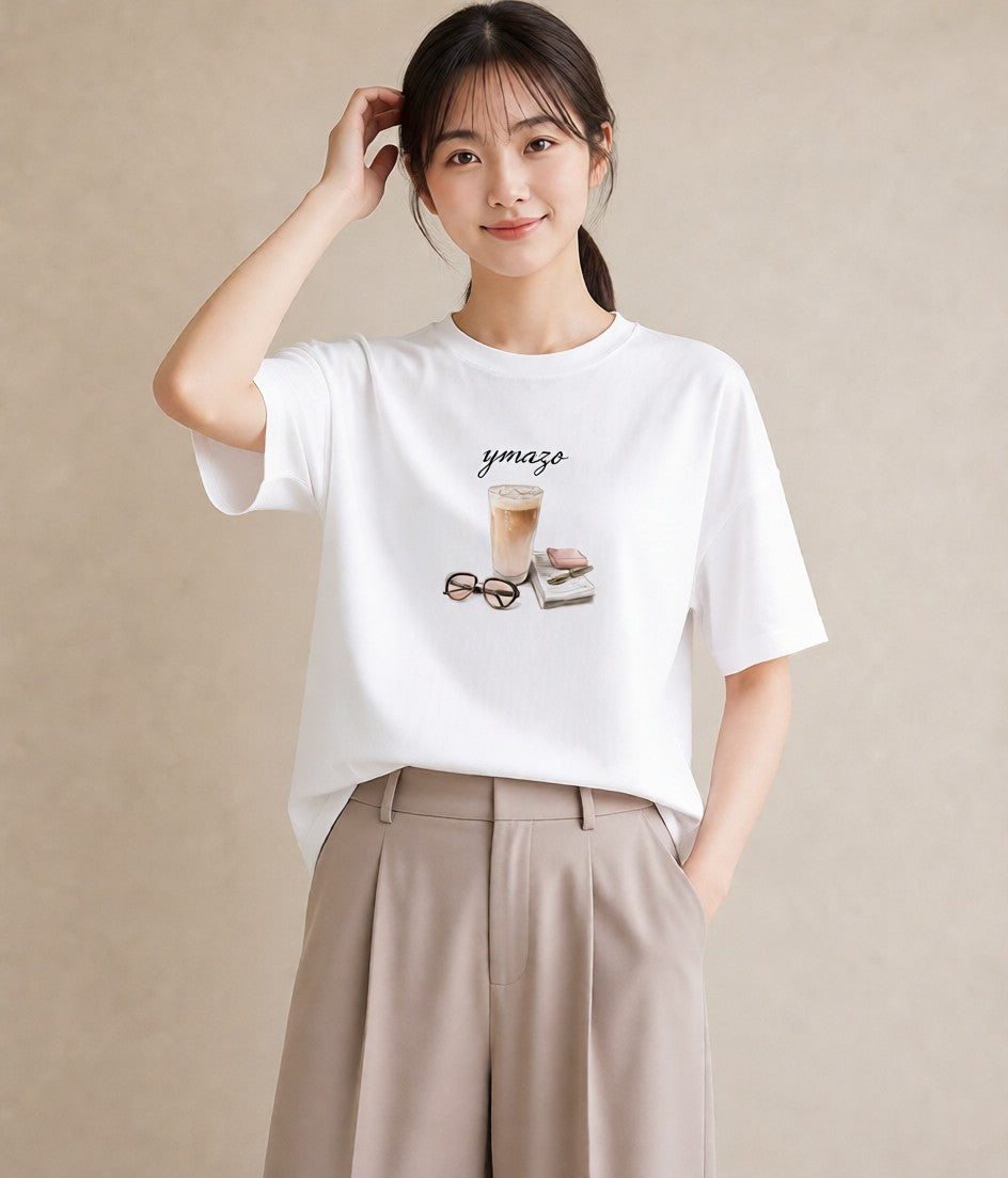 デザインTシャツ レディース カフェオレ 食べ物 フード イラスト ユニーク 通勤 在宅 白T YMAZO