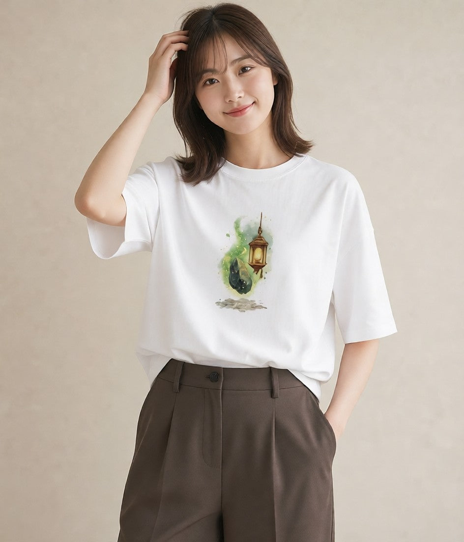 Tシャツ レディース 街灯 夜霧 夜 ナチュラル アンティーク イラスト ゆるかわ 姉妹 送別ギフト 白T YMAZO