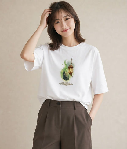Tシャツ レディース 街灯 夜霧 夜 ナチュラル アンティーク イラスト ゆるかわ 姉妹 送別ギフト 白T YMAZO