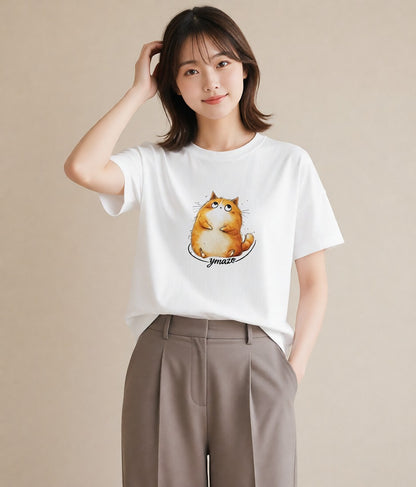 プリントTシャツ レディース 茶トラ 茶猫 猫 ねこ イラスト 淡色 デイリーウェア 休日 白T YMAZO