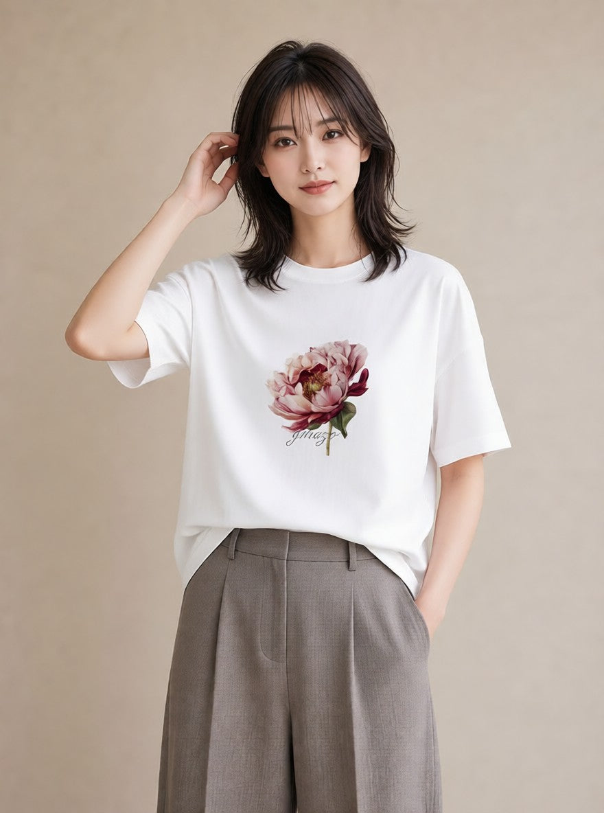 半袖Tシャツ レディース 牡丹 花 花柄 イラスト ゆるコーデ デイリーウェア 休日 白T