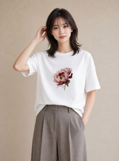 半袖Tシャツ レディース 牡丹 花 花柄 イラスト ゆるコーデ デイリーウェア 休日 白T