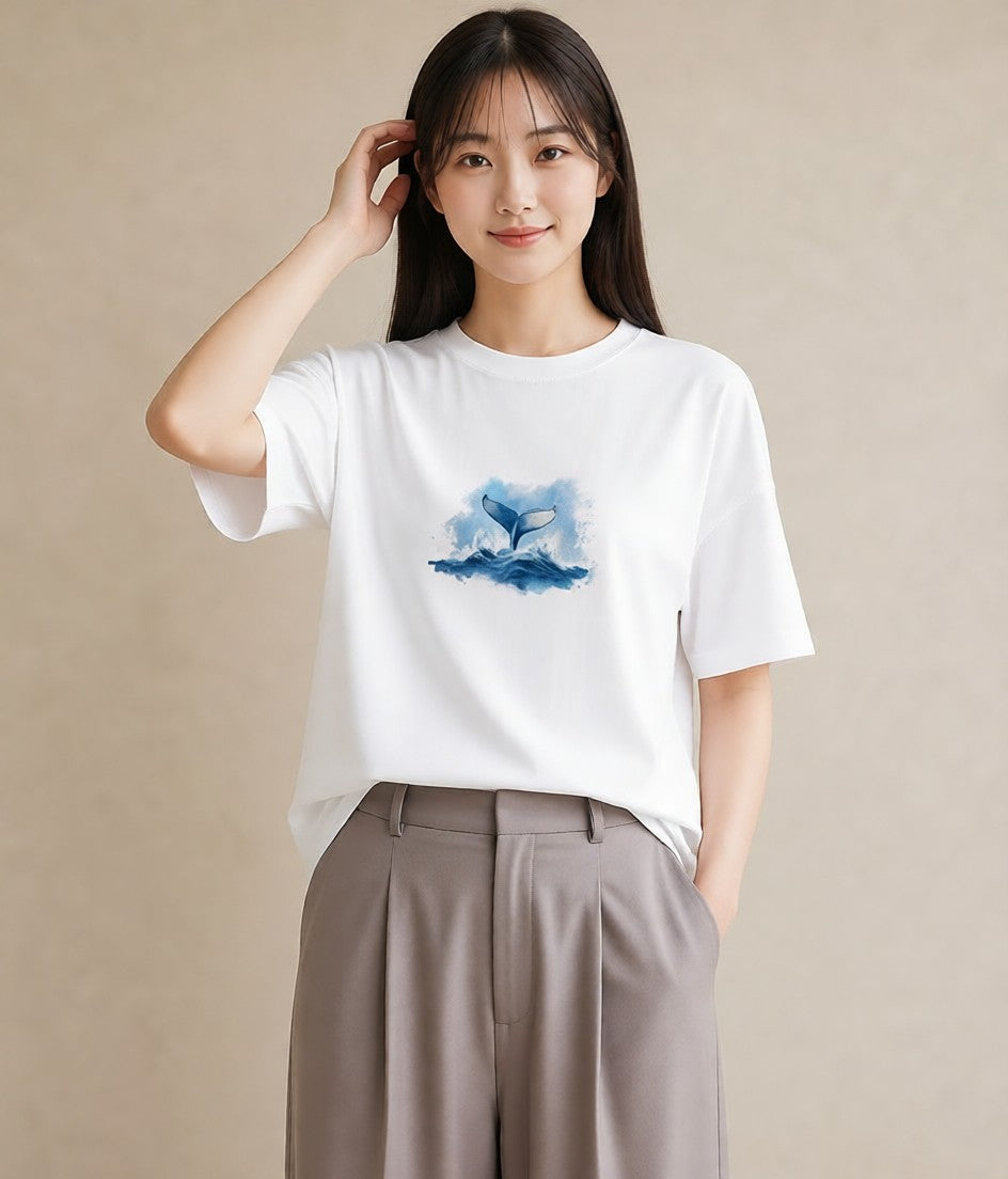 グラフィックTシャツ レディース クジラ 海の生き物 海 イラスト レトロ 母娘コーデ 自分用 白T YMAZO