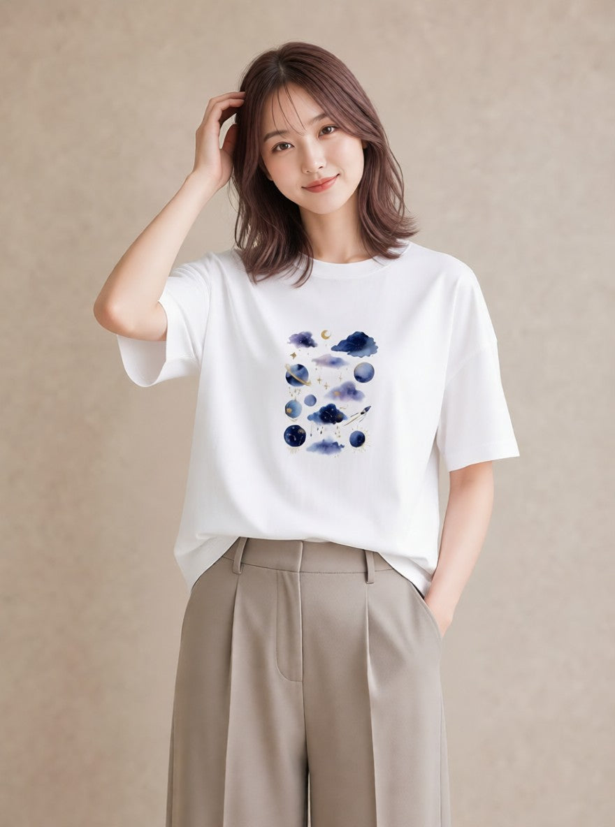 グラフィックTシャツ レディース 蟹座 星空 宇宙 イラスト カフェコーデ 旅行 母娘コーデ 白T YMAZO