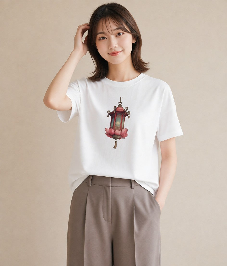 半袖Tシャツ レディース 街灯 夜霧 夜 ナチュラル アンティーク イラスト シンプル ホワイトデー 春服 白T YMAZO