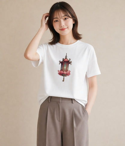 半袖Tシャツ レディース 街灯 夜霧 夜 ナチュラル アンティーク イラスト シンプル ホワイトデー 春服 白T YMAZO