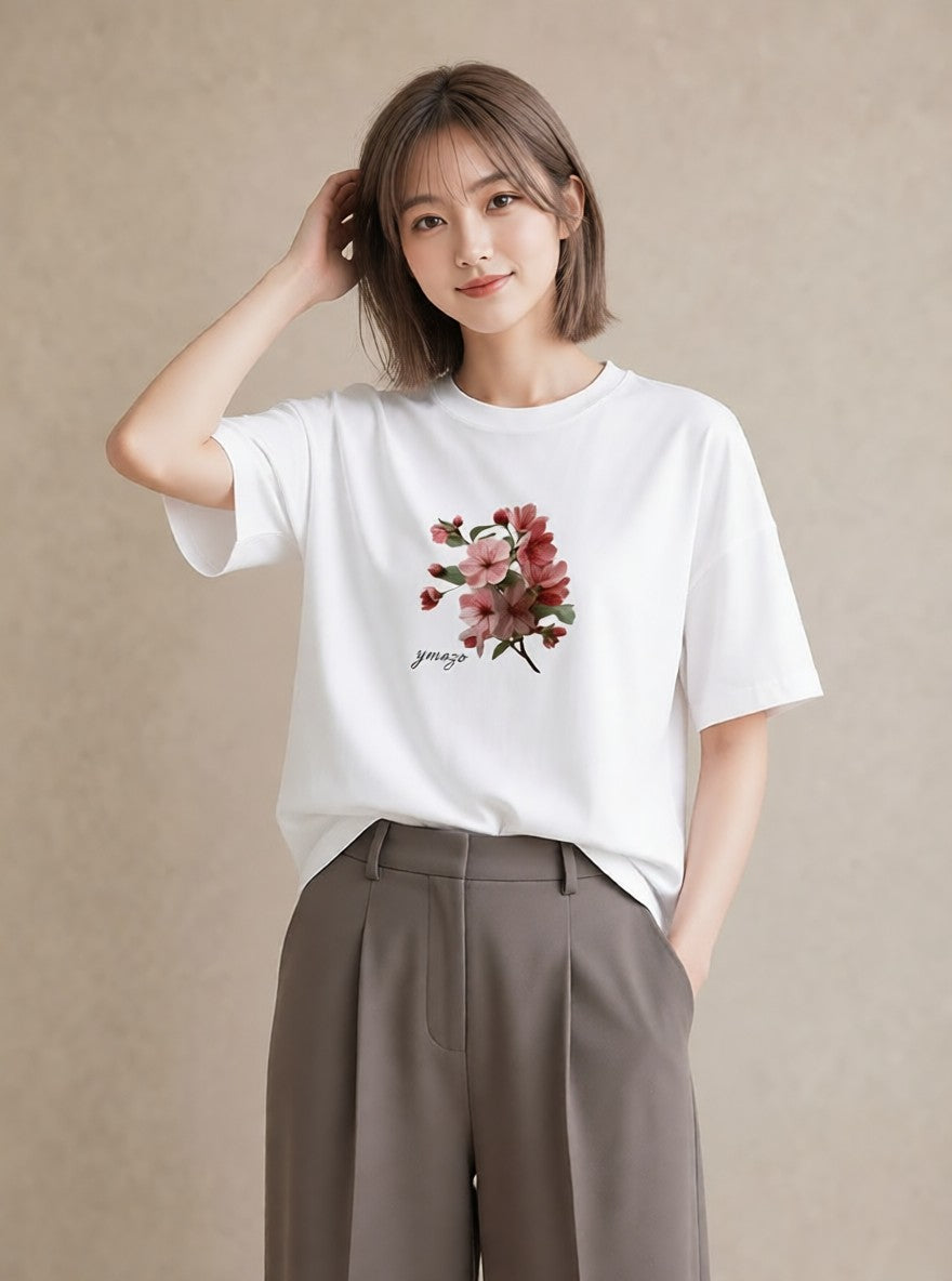 半袖Tシャツ レディース 梅 花 花柄 イラスト ボタニカル 帰省 ラフ 白T