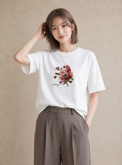 半袖Tシャツ レディース 梅 花 花柄 イラスト ボタニカル 帰省 ラフ 白T