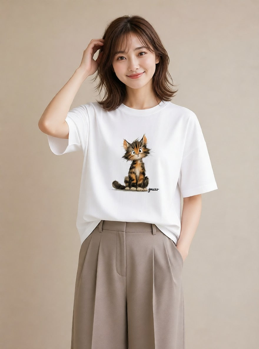 グラフィックTシャツ レディース ベンガル 猫 ねこ イラスト 淡色 女子会 お揃い 白T YMAZO