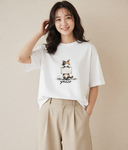 プリントTシャツ レディース ぶち猫 猫 ねこ イラスト きれいめ 普段着 週末コーデ 白T YMAZO