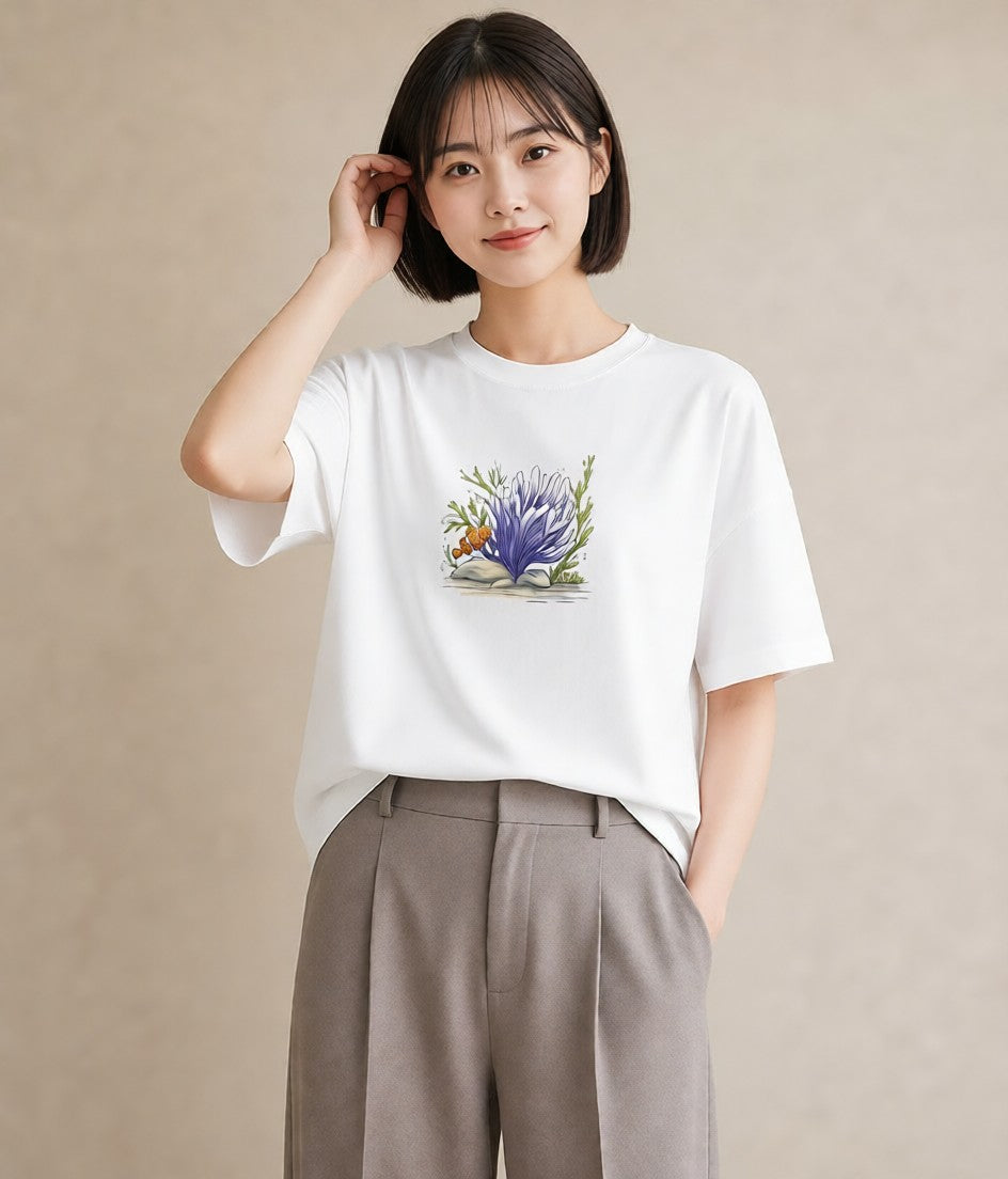 半袖Tシャツ レディース サンゴ 海の生き物 海 イラスト ユニーク 帰省 ラフ 白T YMAZO