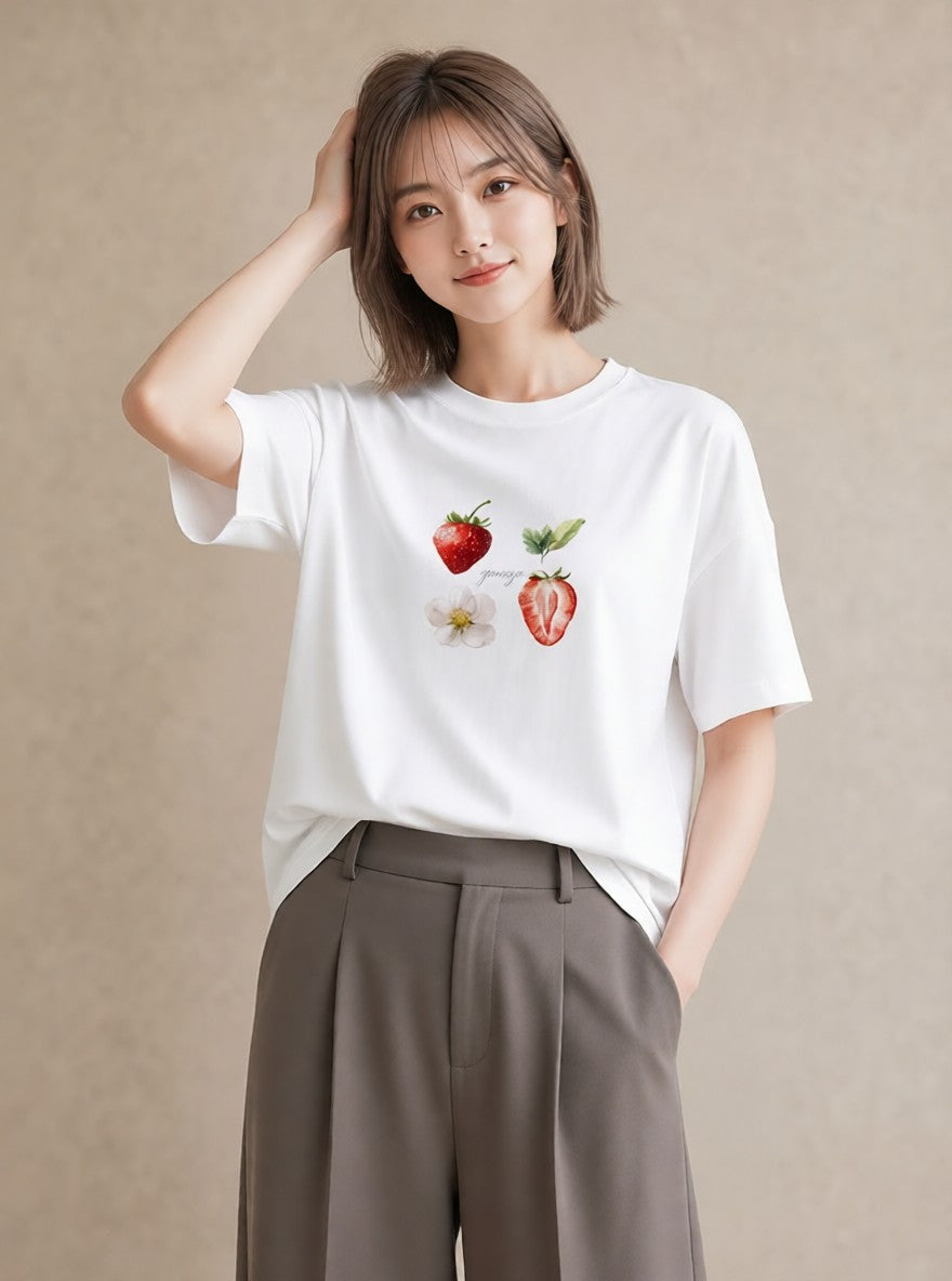 半袖Tシャツ レディース いちご 苺 ストロベリー 食べ物 フード イラスト ギフト 母の日 白T YMAZO