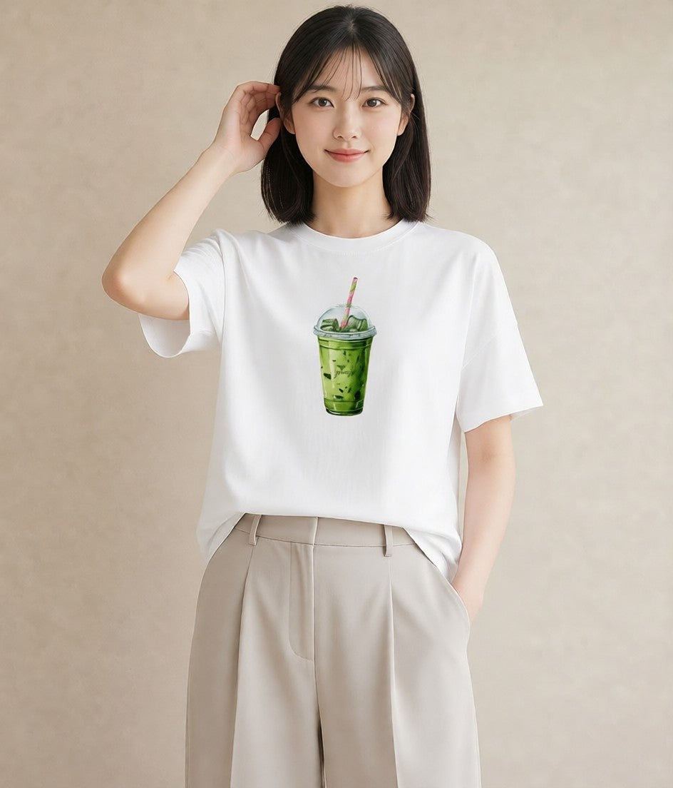 デザインTシャツ レディース 抹茶 食べ物 フード イラスト 抜け感 ラフ レイヤード 白T YMAZO