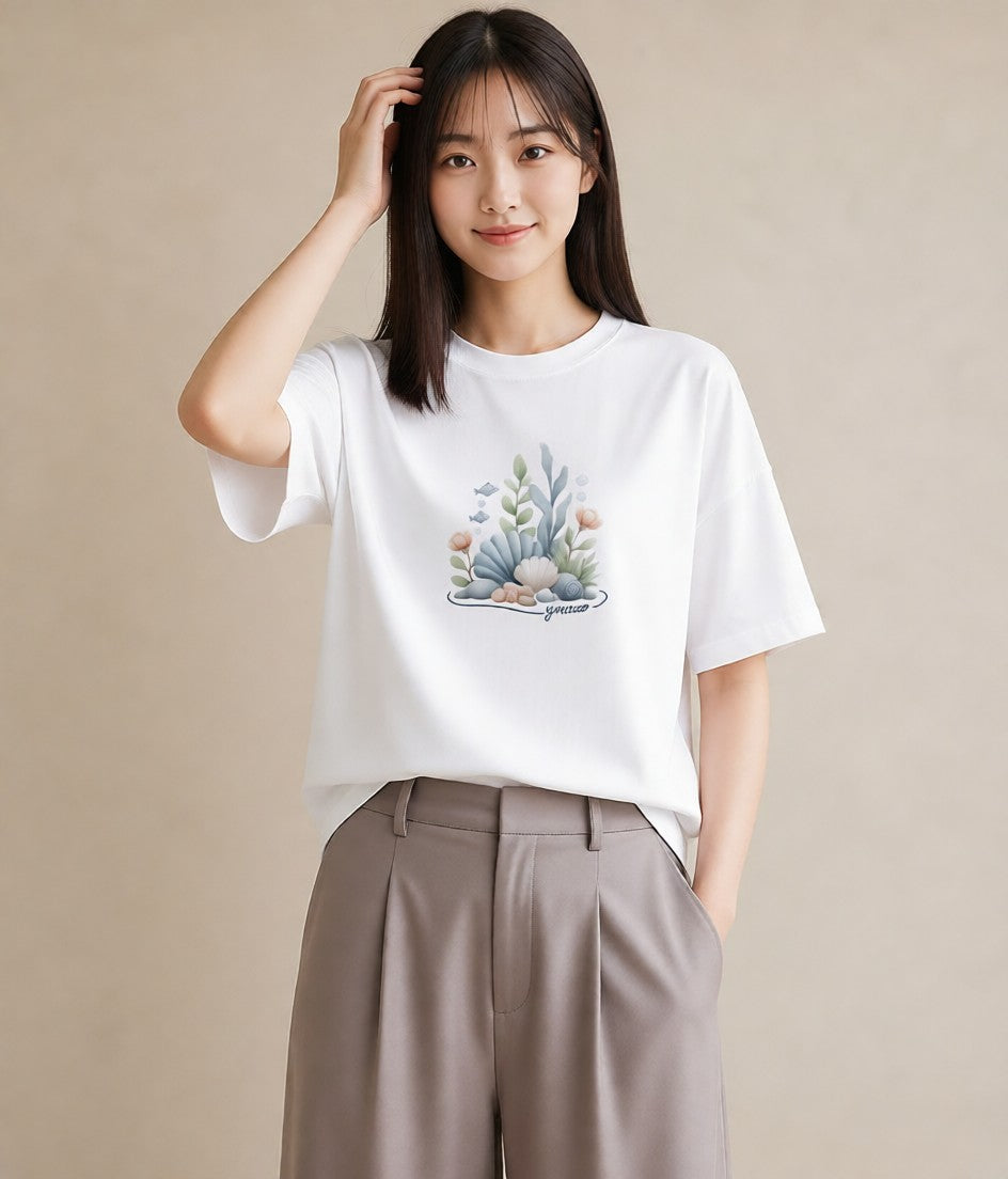 半袖Tシャツ レディース サンゴ 海の生き物 海 イラスト ラフ 自分用 ルームウェア 白T YMAZO