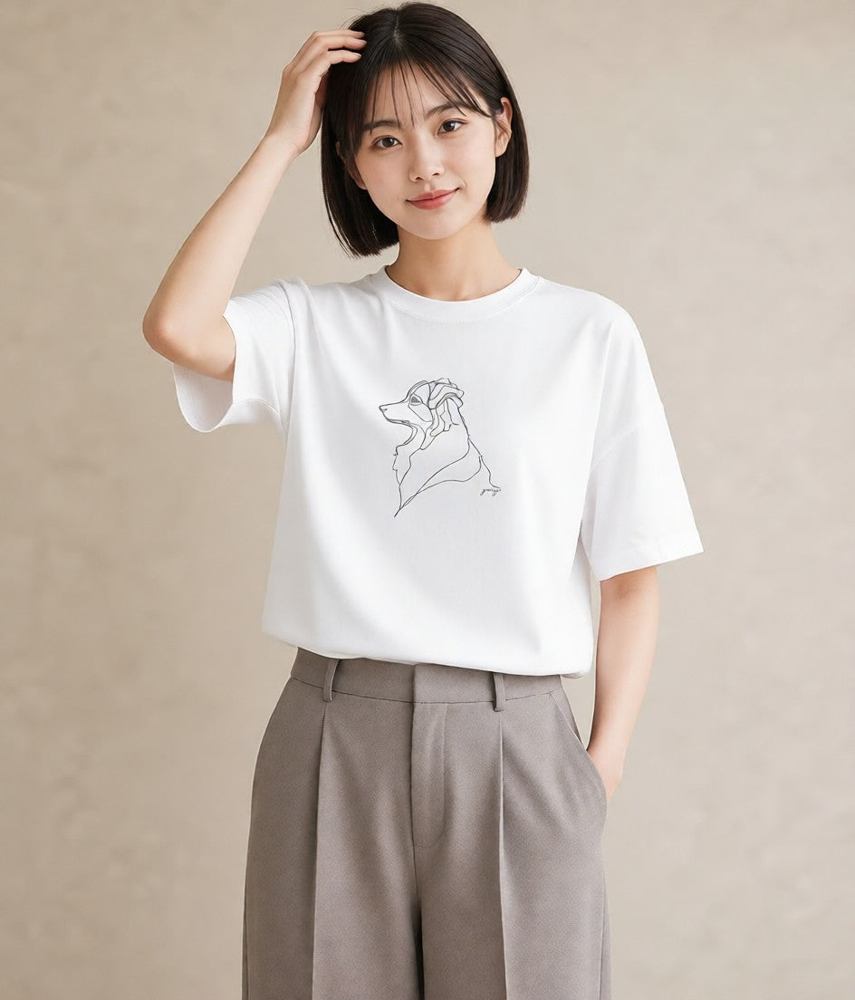 Tシャツ レディース 犬 いぬ わんこ イラスト ヴィンテージ風 ペアコーデ 秋コーデ 白T YMAZO