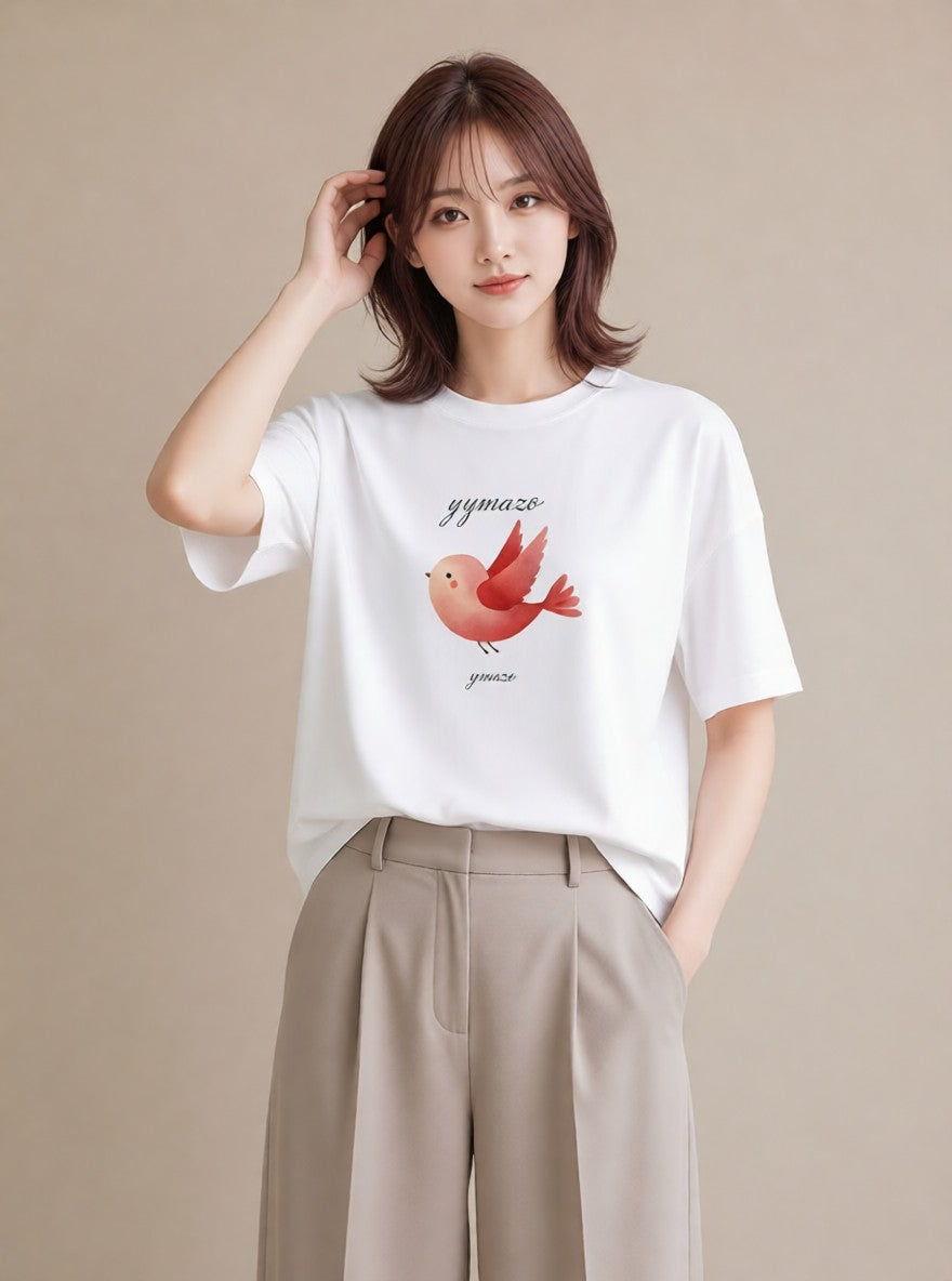 プリントTシャツ レディース 文鳥 ペット 動物 イラスト 線画 ペアコーデ 秋コーデ 白T YMAZO