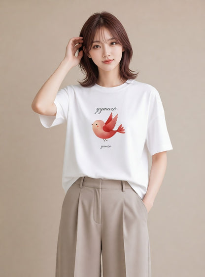 プリントTシャツ レディース 文鳥 ペット 動物 イラスト 線画 ペアコーデ 秋コーデ 白T YMAZO