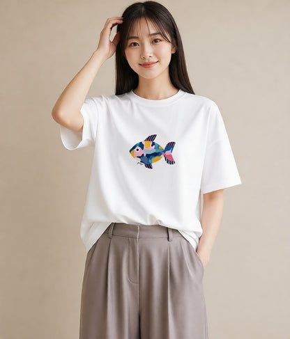 半袖Tシャツ レディース 熱帯魚 海の生き物 海 イラスト レトロ 女性 旅行用 白T YMAZO