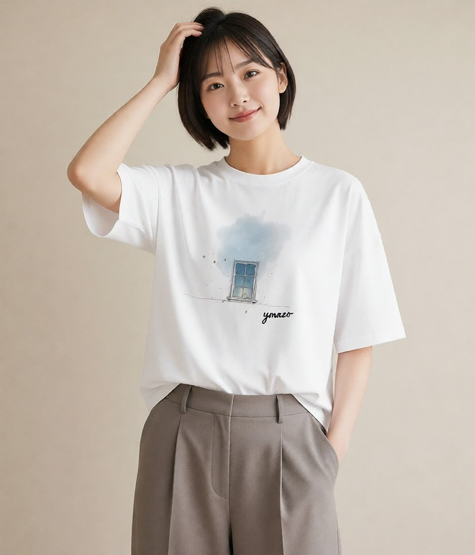 半袖Tシャツ レディース 遠い家と鳥 風景 鳥 ナチュラル アンティーク イラスト お出かけ 普段着 白T YMAZO
