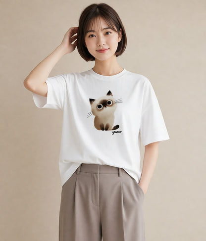 プリントTシャツ レディース 白猫 猫 ねこ イラスト お洒落 女性向けギフト 散歩 白T YMAZO
