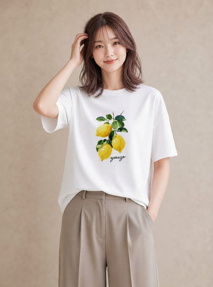 グラフィックTシャツ レディース レモン 檸檬 食べ物 フード イラスト きれいめカジュアル お出かけ 普段着 白T YMAZO