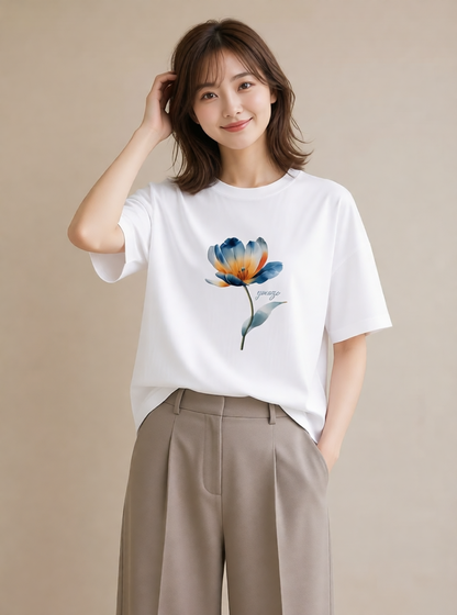 デザインTシャツ レディース ゆり 百合 花 花柄 イラスト アート風 レイヤード 友達ギフト 白T