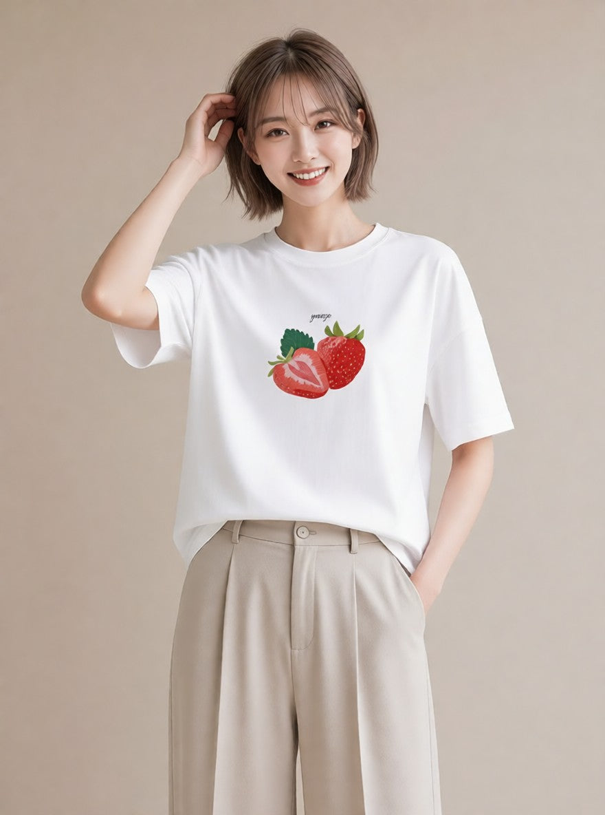 半袖Tシャツ レディース ショートケーキ 食べ物 フード イラスト ラフ レイヤード 友達ギフト 白T YMAZO