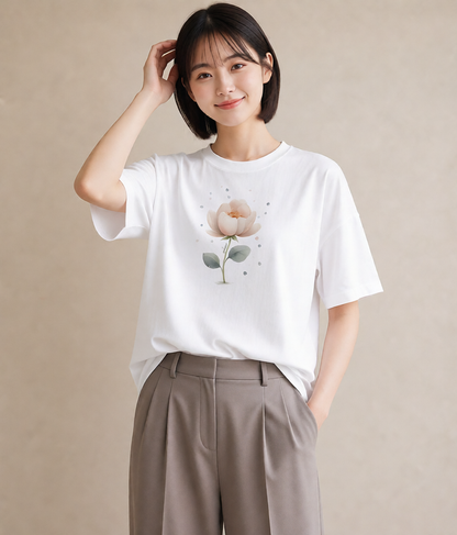 半袖Tシャツ レディース 蓮 花 花柄 イラスト 淡色 旅行用 海 白T YMAZO