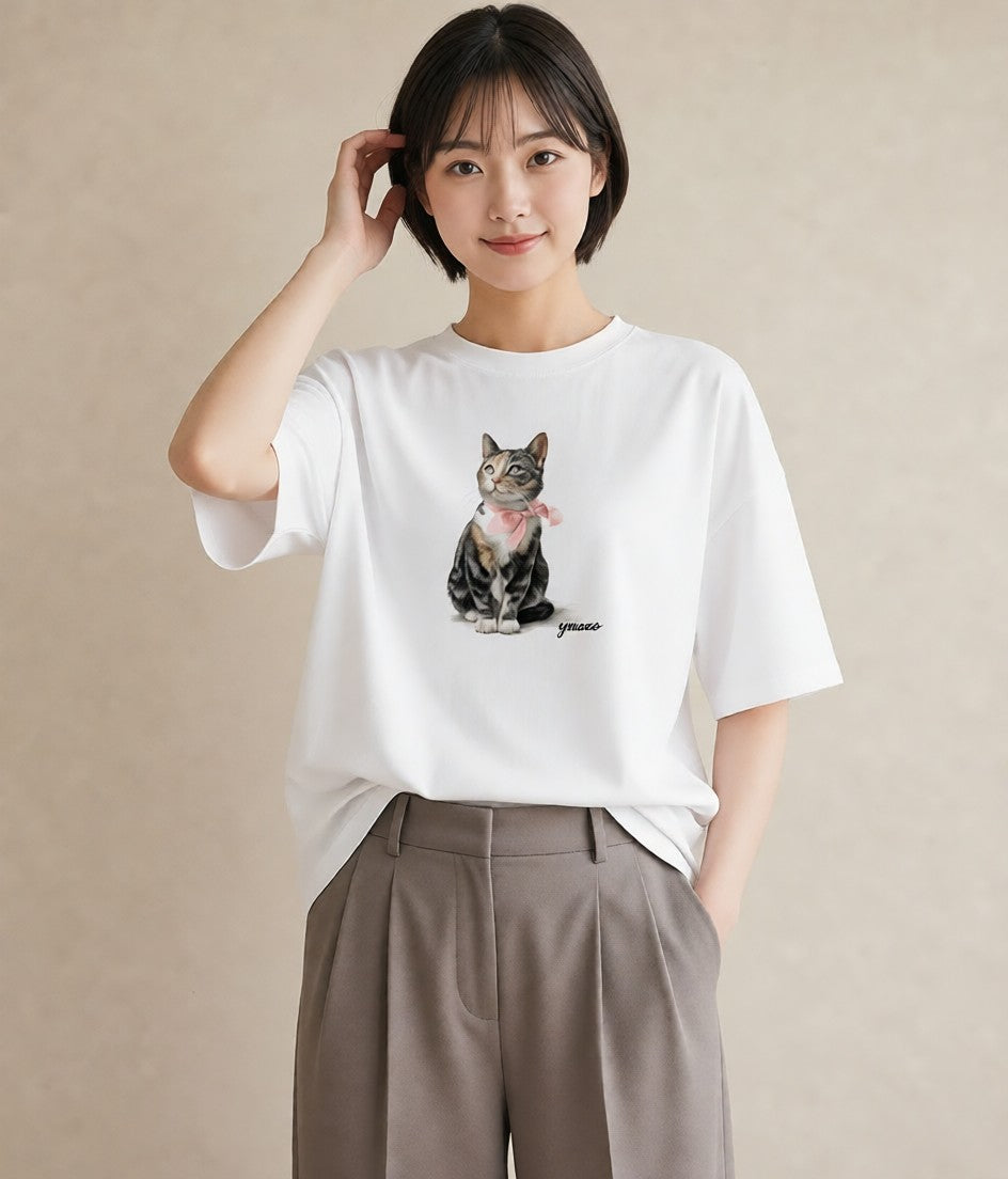 Tシャツ レディース ソマリ 猫 ねこ イラスト ラフ カジュアルコーデ 買い物 白T YMAZO