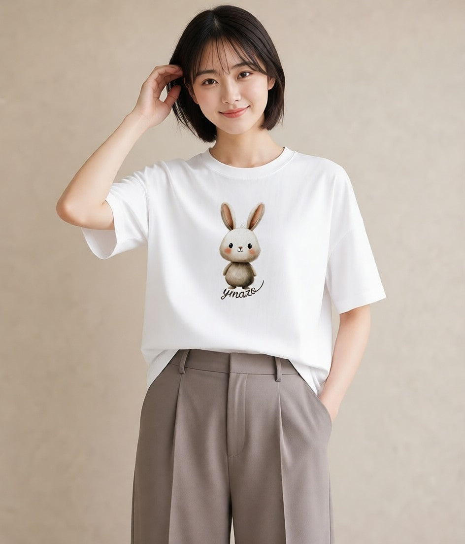 プリントTシャツ レディース ミニうさぎ ペット 動物 イラスト シンプル 誕生日プレゼント 綿100 白T YMAZO