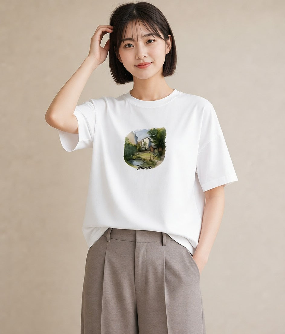 半袖Tシャツ レディース 雨上がりのベンチ ベンチ ナチュラル アンティーク イラスト 水彩風 お出かけ 普段着 白T YMAZO