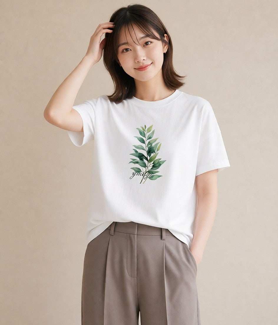 デザインTシャツ レディース 苔 植物 ボタニカル イラスト ラフカジュアル ママ カフェ服 白T YMAZO