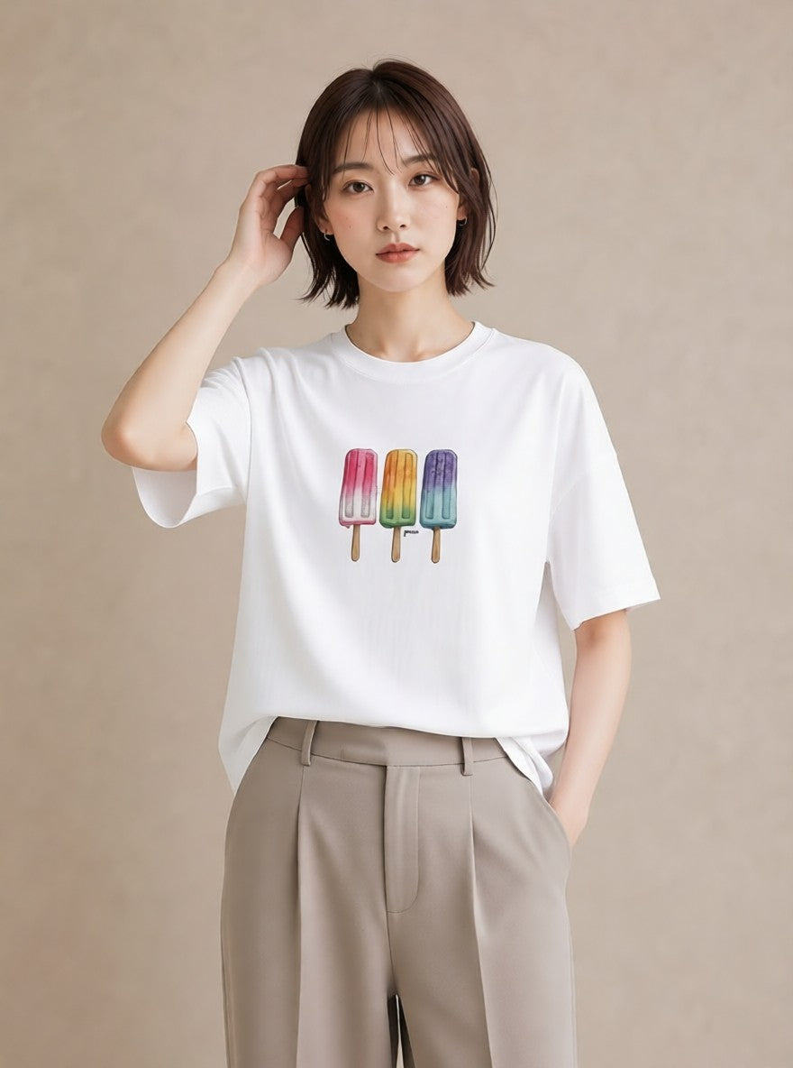 プリントTシャツ レディース マカロン 食べ物 フード イラスト アート風 カジュアルコーデ 買い物 白T YMAZO