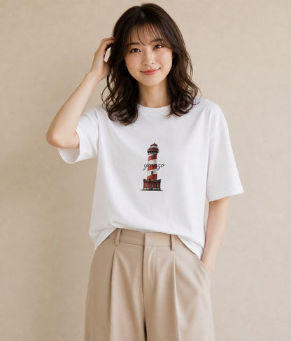 デザインTシャツ レディース 灯台 霧 海 ナチュラル アンティーク イラスト 休日コーデ 綿100 デート 白T YMAZO