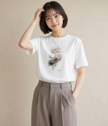 デザインTシャツ レディース 蓮 花 花柄 イラスト 休日コーデ 友達ギフト 部屋着 白T