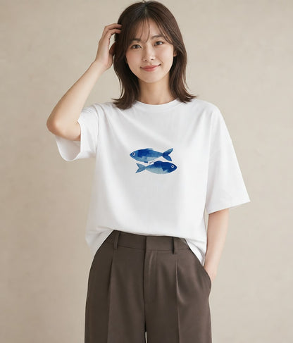 グラフィックTシャツ レディース メダカ ペット 動物 イラスト ラフカジュアル カフェ巡り 女子会 白T YMAZO