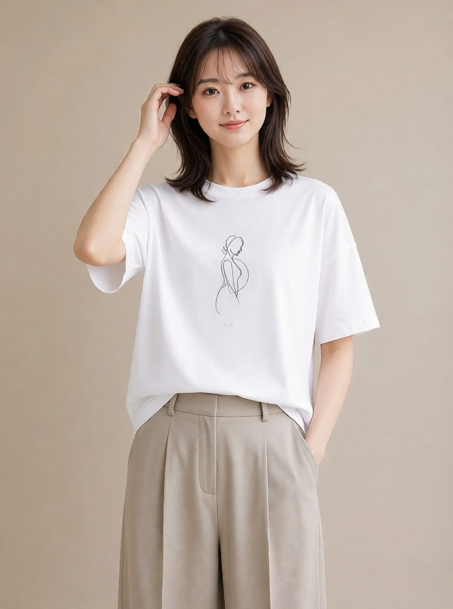 半袖Tシャツ レディース 女の子 ガール 後ろ姿 イラスト 個性的 送別ギフト 通勤 白T YMAZO