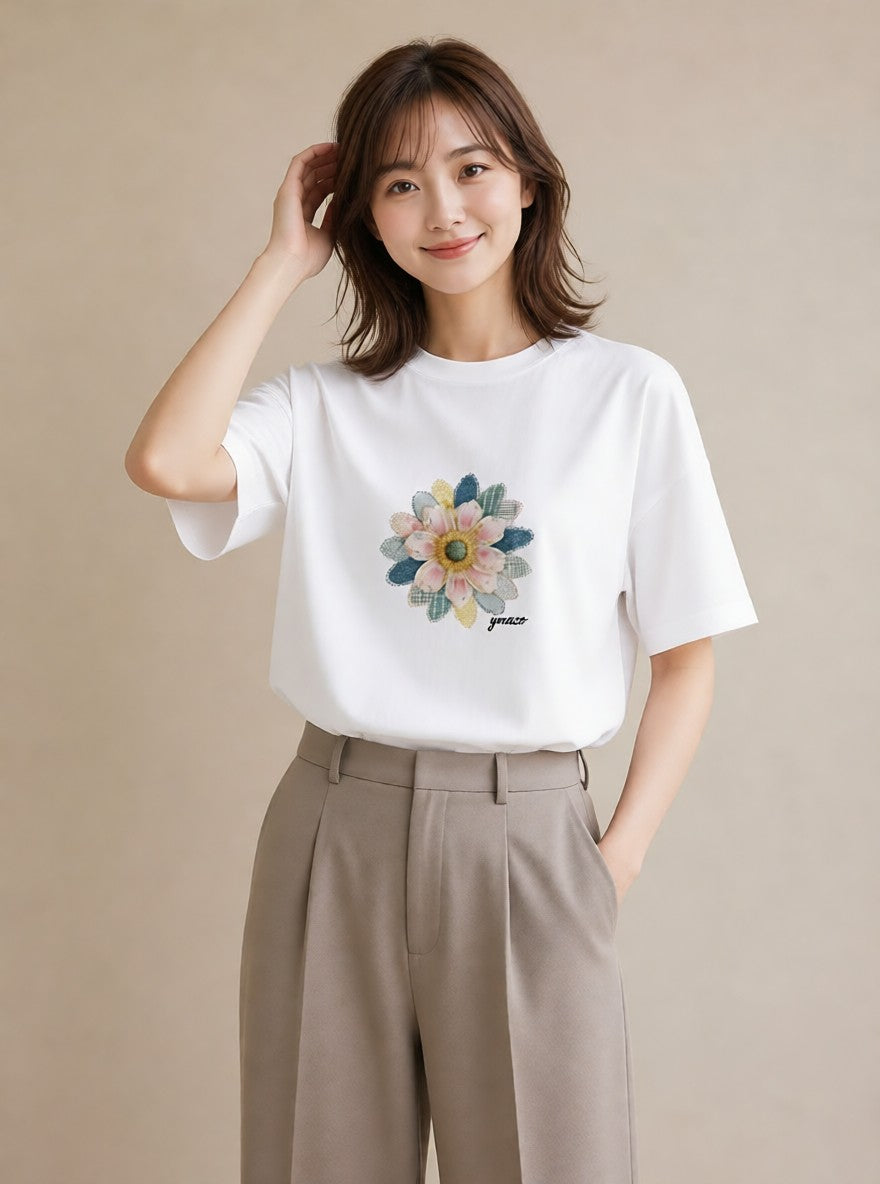 半袖Tシャツ レディース マーガレット 花 花柄 イラスト 韓国風 社会人 女性 白T YMAZO