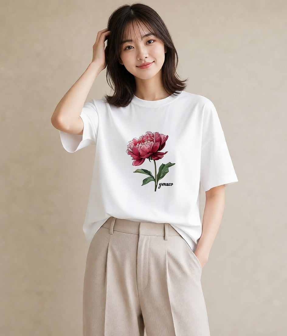 プリントTシャツ レディース 牡丹 花 花柄 イラスト 休日コーデ 部屋着 女性向けギフト 白T