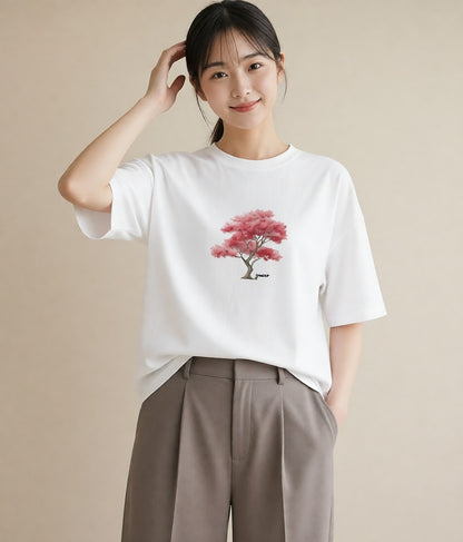 半袖Tシャツ レディース 盆栽 植物 ボタニカル イラスト ヴィンテージ風 カフェ巡り 女子会 白T YMAZO
