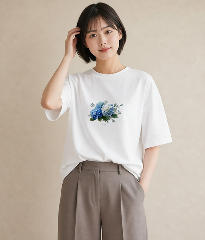 デザインTシャツ レディース あじさい 紫陽花 アジサイ 花 花柄 イラスト シンプル デイリーウェア 休日 白T