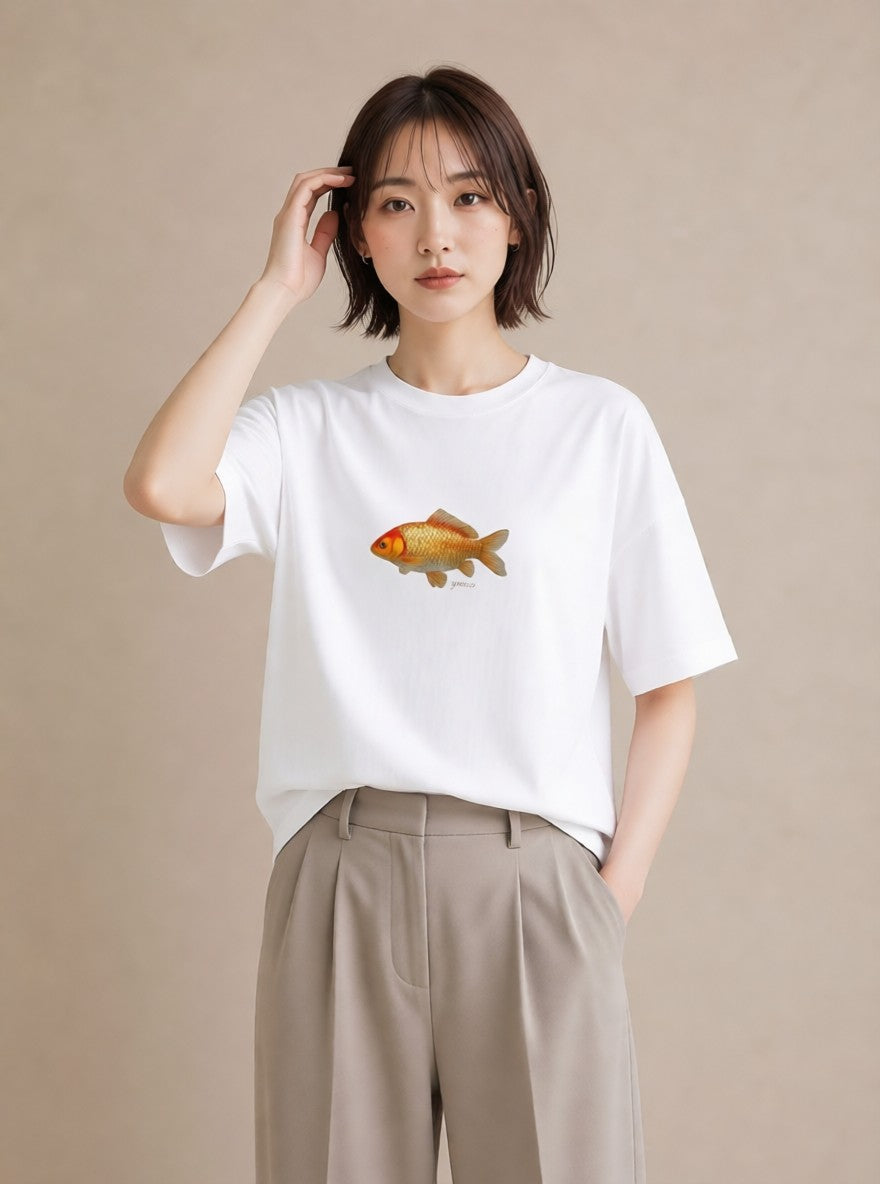 Tシャツ レディース らんちゅう ペット 動物 イラスト ニュアンス ビーチ デイリーウェア 白T YMAZO