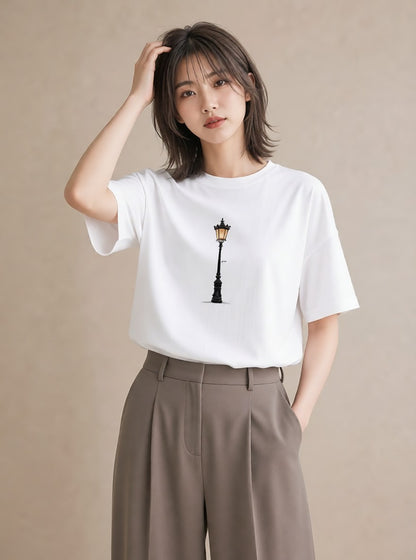 半袖Tシャツ レディース 街灯 夜霧 夜 ナチュラル アンティーク イラスト 通勤 在宅 白T YMAZO