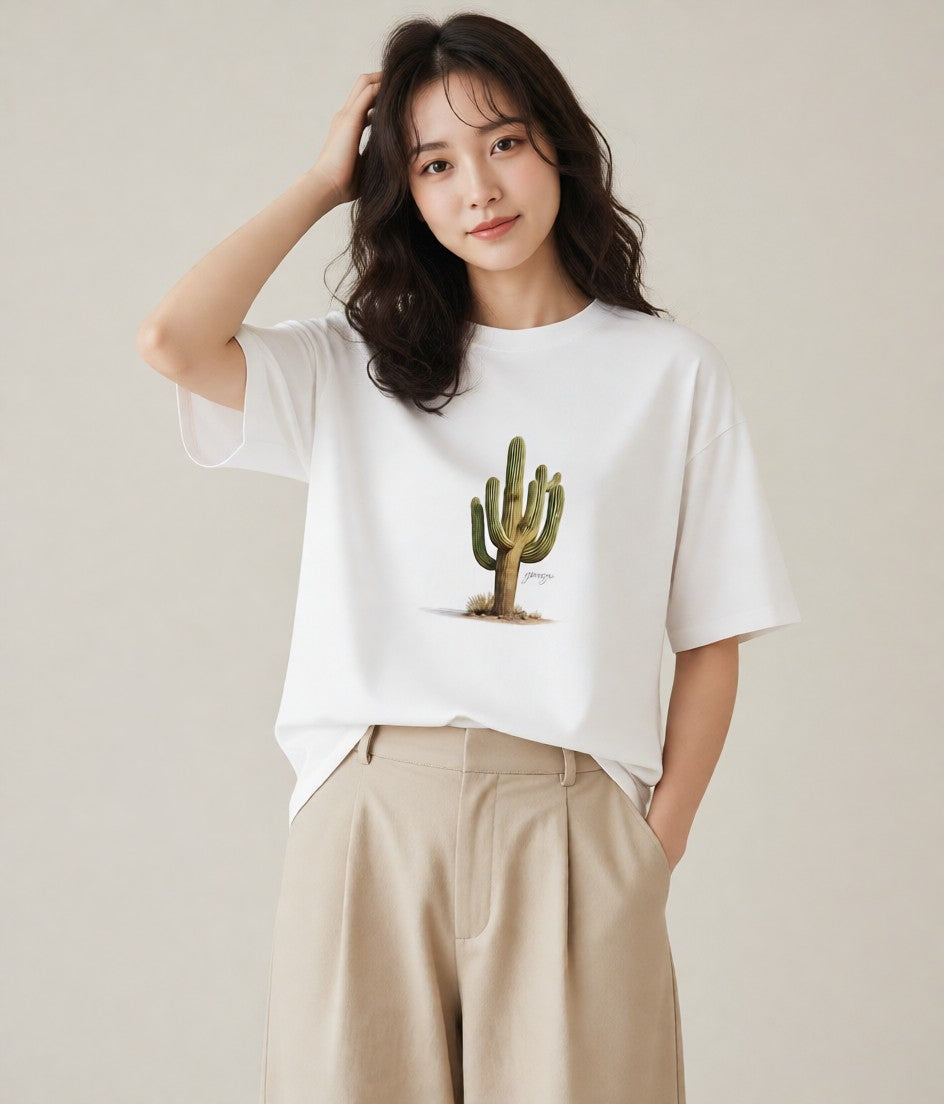 デザインTシャツ レディース サボテン 植物 ボタニカル イラスト フェミニン 買い物 夏コーデ 白T YMAZO
